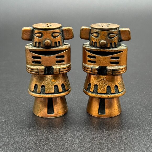 Vintage Metal Copper Salt and Pepper Shakers Inca Kachina Totem Native Eclectic - Picture 1 of 5